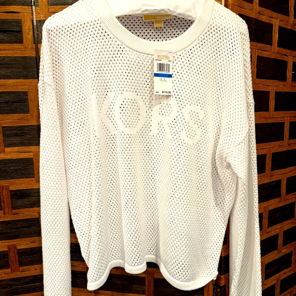 MICHAEL KORS Logo Perforated Pullover Knit Sweater in White Sz XLARGE